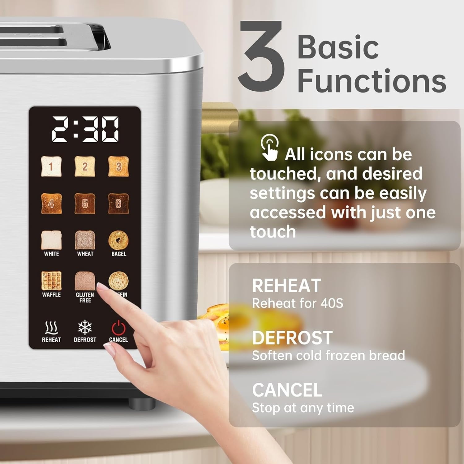 Touch Control Screen Toaster, Smart Stainless Toaster, 6 Shade Setting, 6 Bread Selection, Countdown, Removable Crumb Tray, 900W, Peach Pink