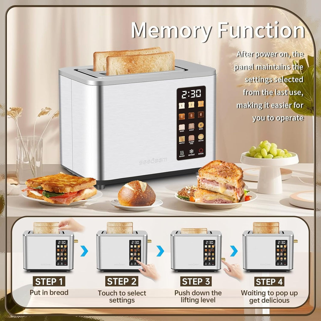 Touch Control Screen Toaster, Smart Stainless Toaster, 6 Shade Setting, 6 Bread Selection, Countdown, Removable Crumb Tray, 900W, Peach Pink