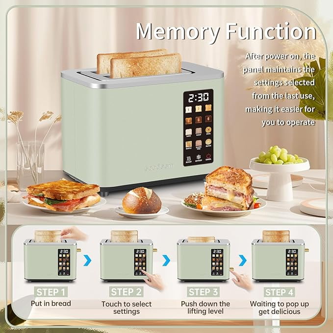 Touch Control Screen Toaster, Smart Stainless Toaster, 6 Shade Setting, 6 Bread Selection, Countdown, Removable Crumb Tray, 900W, Peach Pink