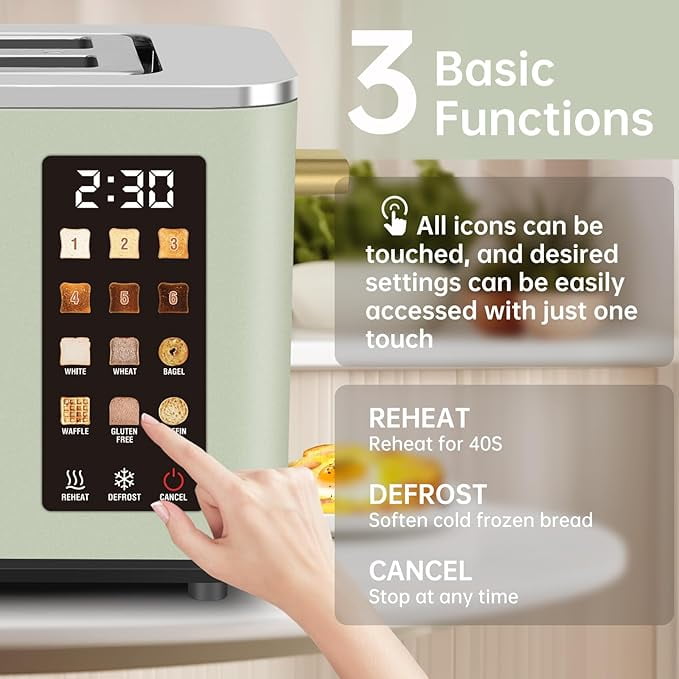 Touch Control Screen Toaster, Smart Stainless Toaster, 6 Shade Setting, 6 Bread Selection, Countdown, Removable Crumb Tray, 900W, Peach Pink
