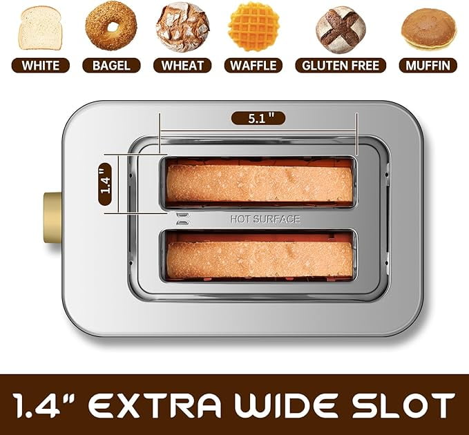 Touch Control Screen Toaster, Smart Stainless Toaster, 6 Shade Setting, 6 Bread Selection, Countdown, Removable Crumb Tray, 900W, Peach Pink