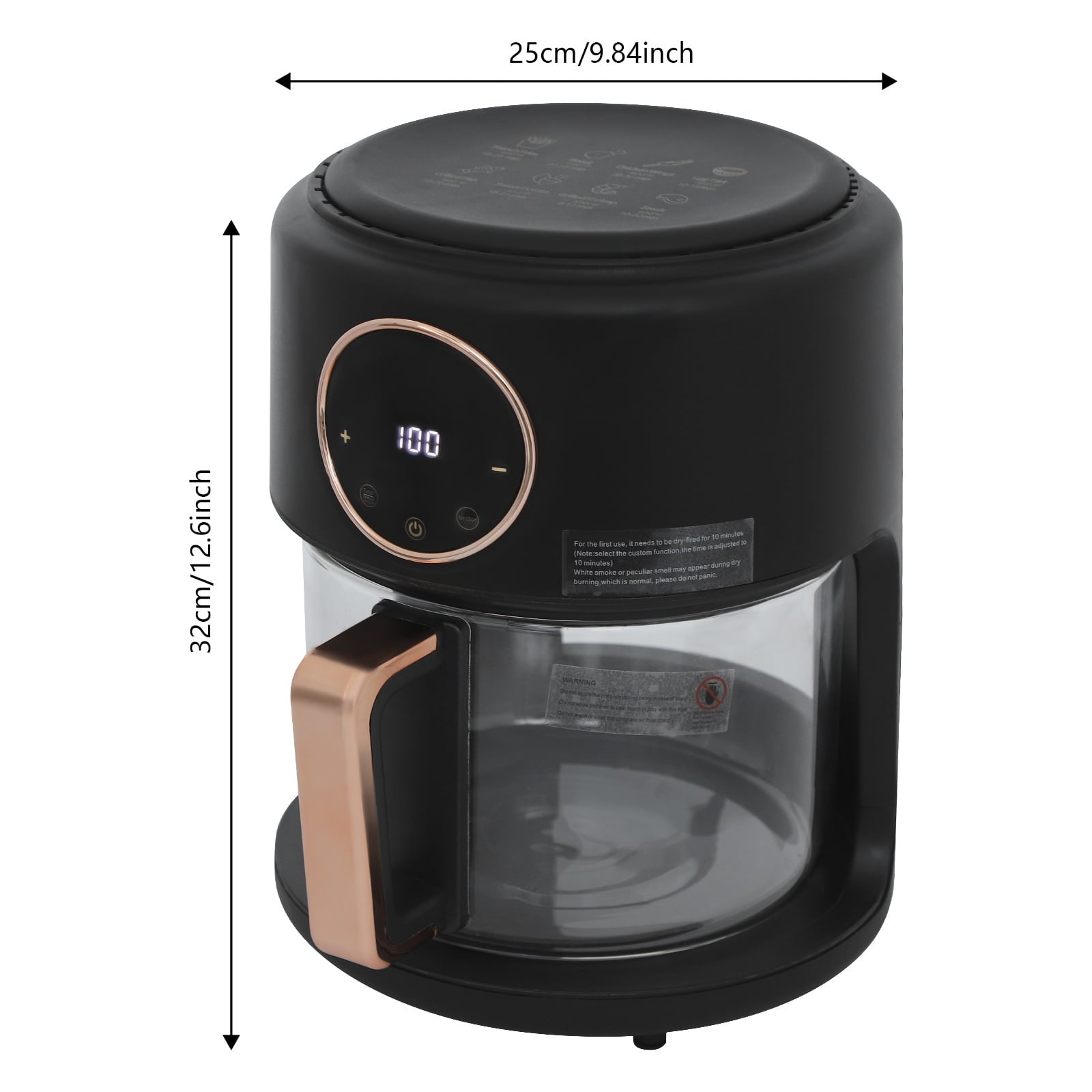 4.2L Airy Fryer, 1200W Glass Air Fryer, 360° Viewable Airy Fryer Black