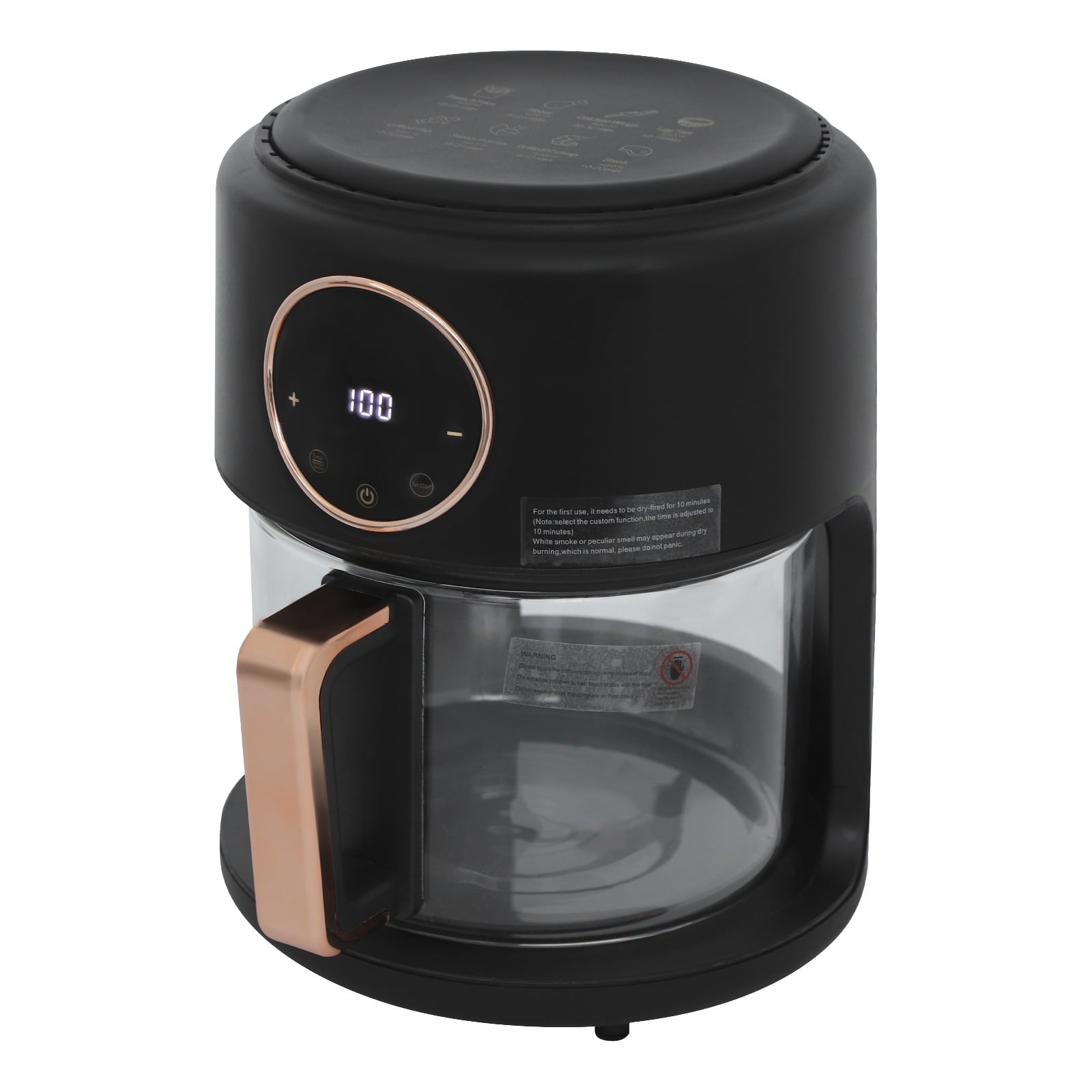 4.2L Airy Fryer, 1200W Glass Air Fryer, 360° Viewable Airy Fryer Black