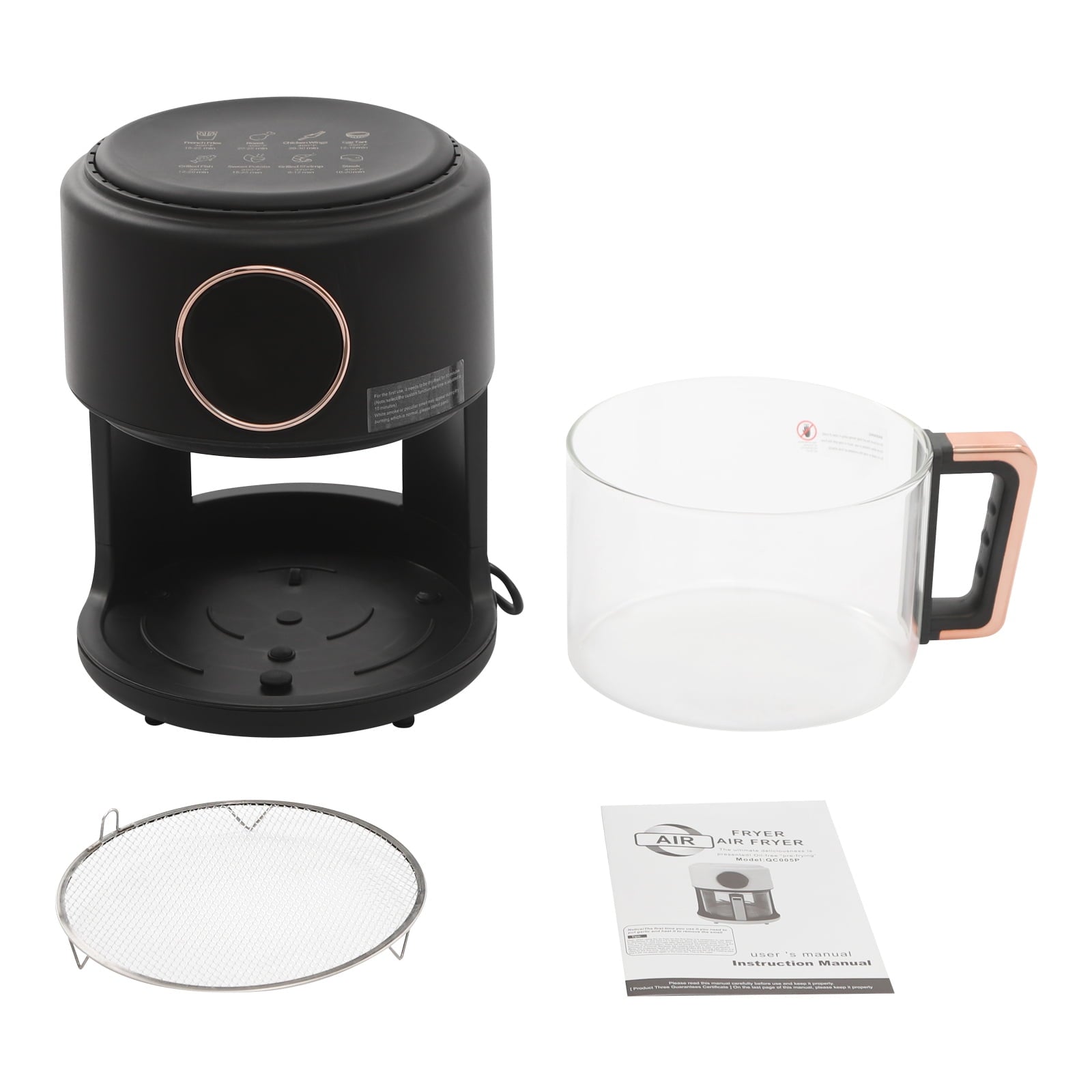 4.2L Airy Fryer, 1200W Glass Air Fryer, 360° Viewable Airy Fryer Black