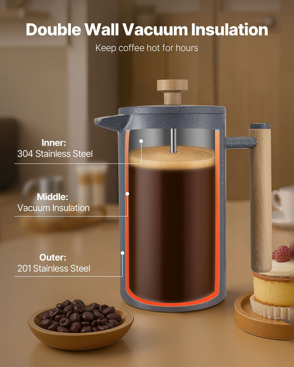 Insulated French Press Coffee Maker, 34 oz Stainless Steel, with Permanent Mesh Filter - For Brewing Coffee, Tea, Cold Brew at Home, Office, Camping (Black)