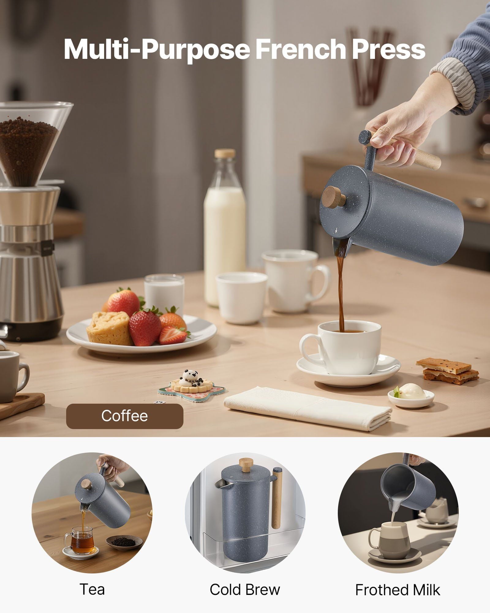 Insulated French Press Coffee Maker, 34 oz Stainless Steel, with Permanent Mesh Filter - For Brewing Coffee, Tea, Cold Brew at Home, Office, Camping (Black)