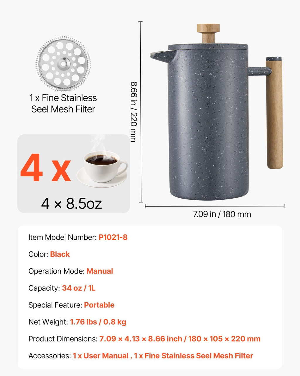 Insulated French Press Coffee Maker, 34 oz Stainless Steel, with Permanent Mesh Filter - For Brewing Coffee, Tea, Cold Brew at Home, Office, Camping (Black)