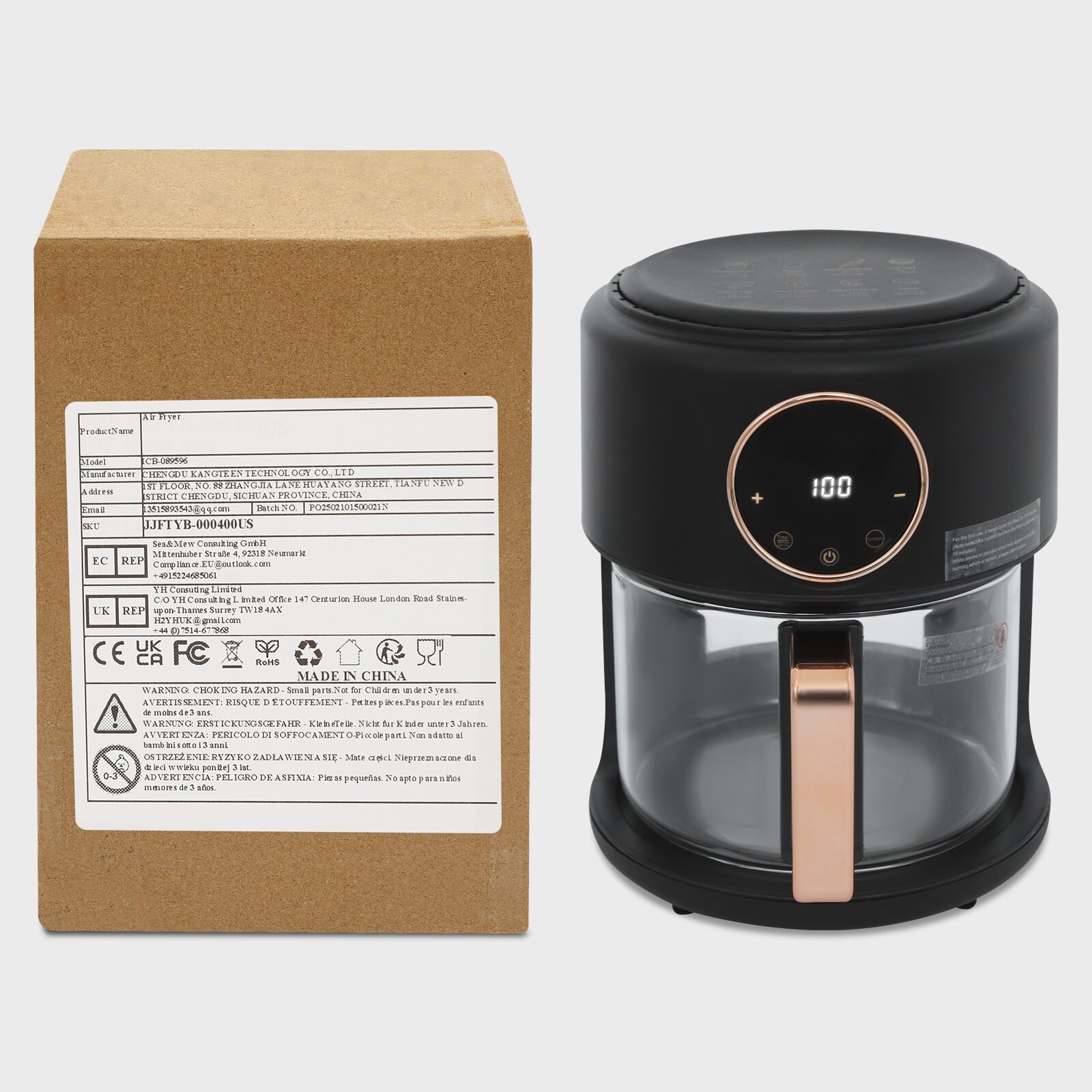 4.2L/3.81Qt Airy Fryer, 110V Glass Air Fryer, 360° Viewable Airy Fryer 1200W