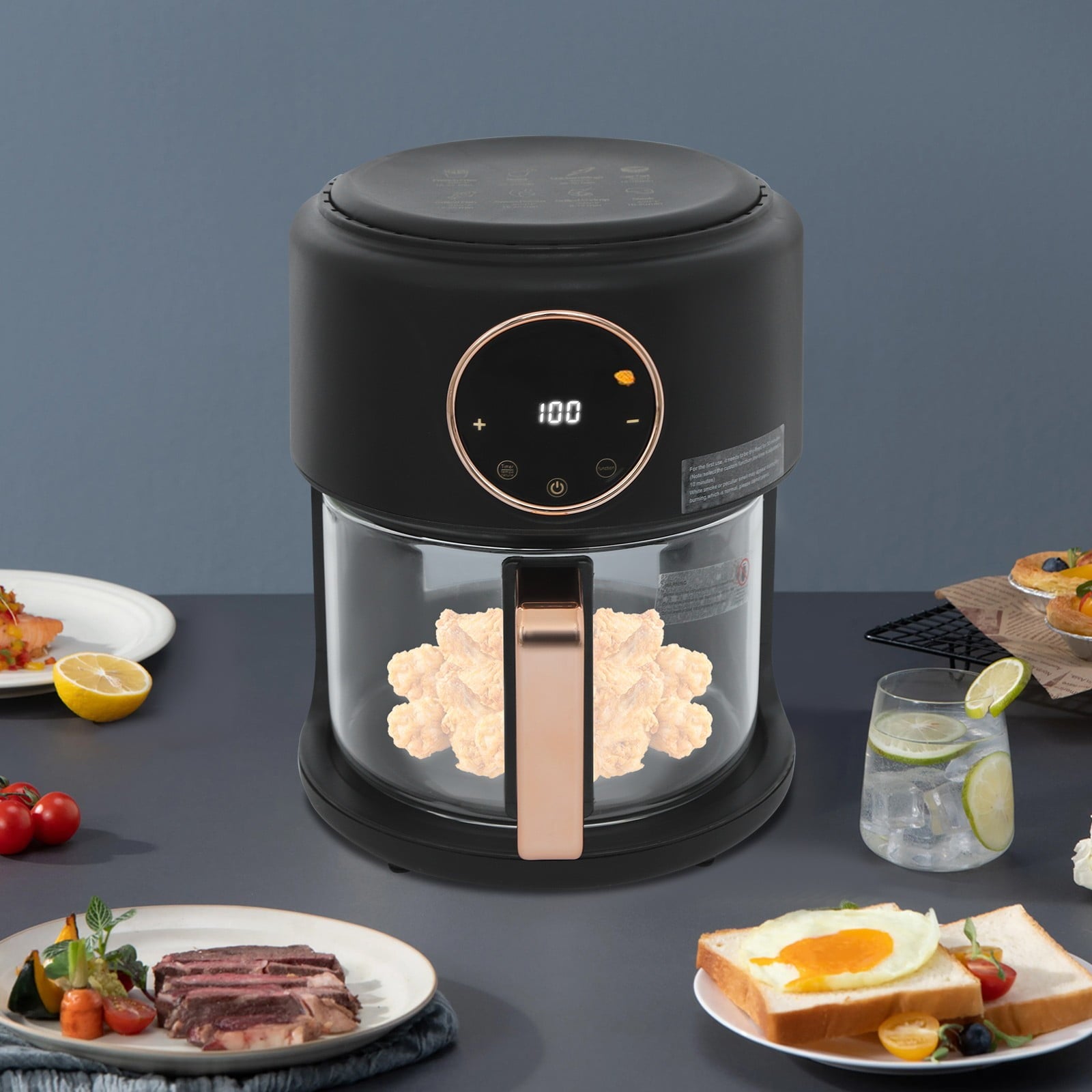 1 PCS Airy Fryer, 4.2L/3.81Qt Glass Air Fryer, 360° Viewable Airy Fryer(Black), Voltage: 110V, Power: 1200W