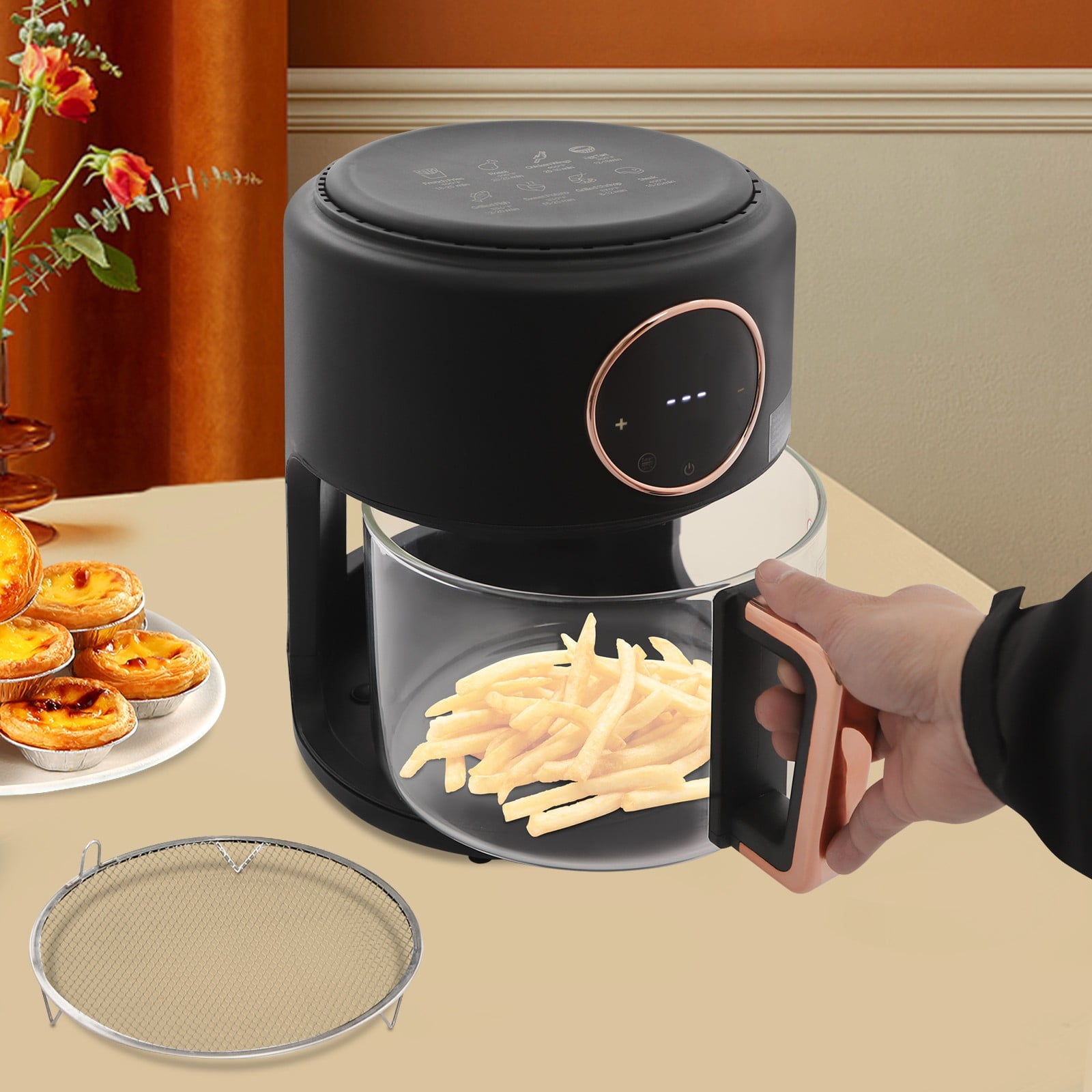 1 PCS Airy Fryer, 4.2L/3.81Qt Glass Air Fryer, 360° Viewable Airy Fryer(Black), Voltage: 110V, Power: 1200W