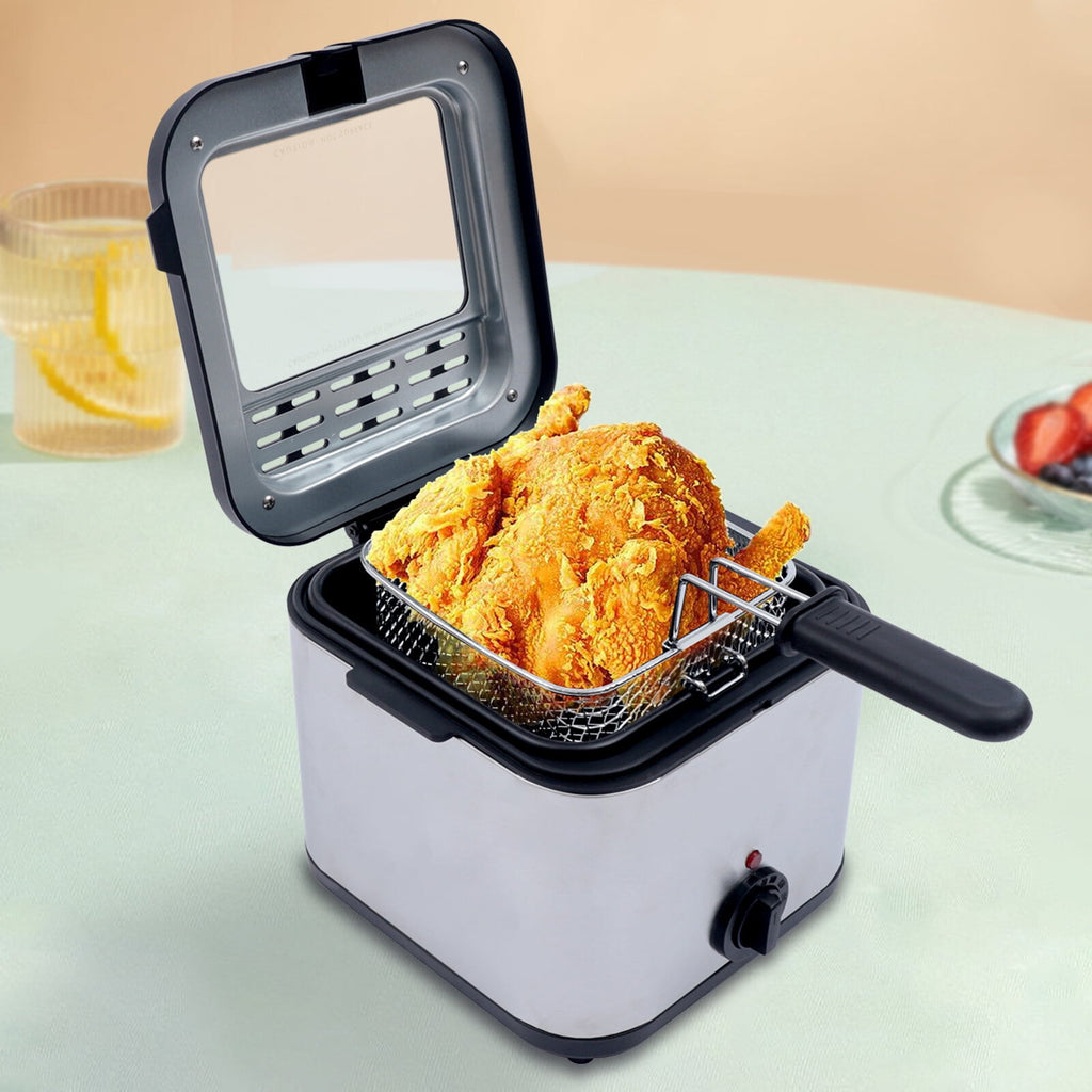2.5L Deep Fryer Electric Stainless Steel Fryer with Basket, Deep Fryer Pot Adjustable Temperature with View Window and Filter for Fried Chicken, Shrimp, French Fries, Chips