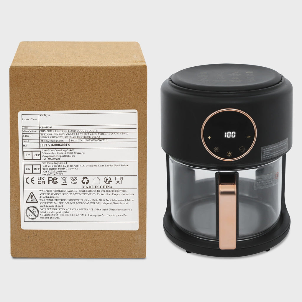 4.2L 1200W Airy Fryer Glass Air Fryer 110V Modern 360° Viewable Airy Fryer Black 25*32cm