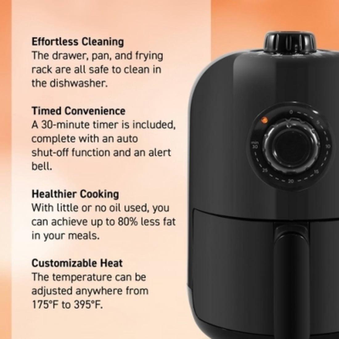 1.1qt Oil-Free Air Fryer with Adjustable Thermostat, 1000W, Cool-Touch Handle, Dishwasher-Safe Rack - Black