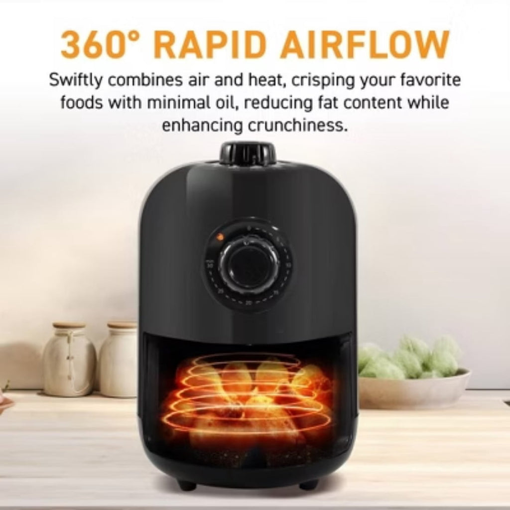 1.1qt Oil-Free Air Fryer with Adjustable Thermostat, 1000W, Cool-Touch Handle, Dishwasher-Safe Rack - Black