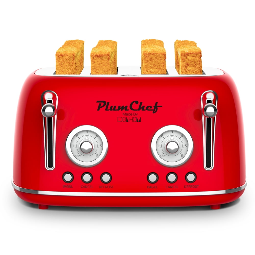 4-Slice Retro Toaster with Dual Control, Warming Rack, 6 Browning Settings &amp; Bagel Function, 1650W Red Stainless