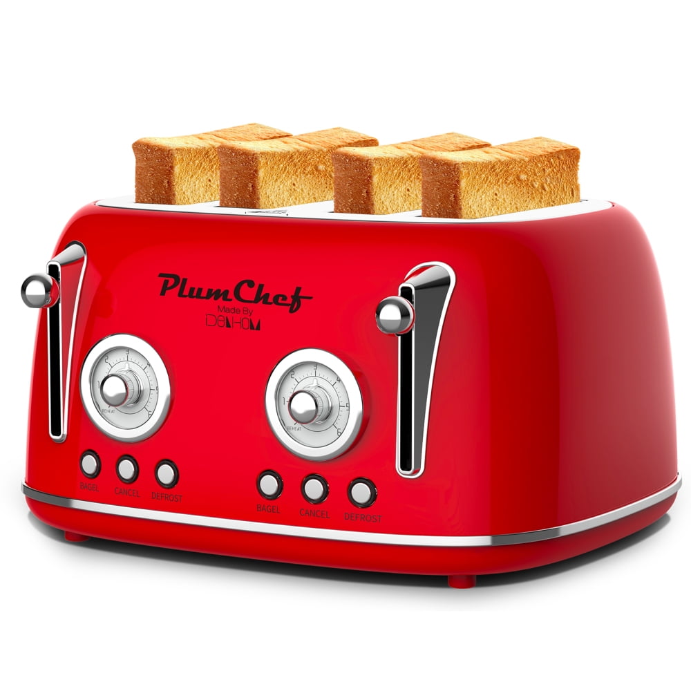 4-Slice Retro Toaster with Dual Control, Warming Rack, 6 Browning Settings &amp; Bagel Function, 1650W Red Stainless