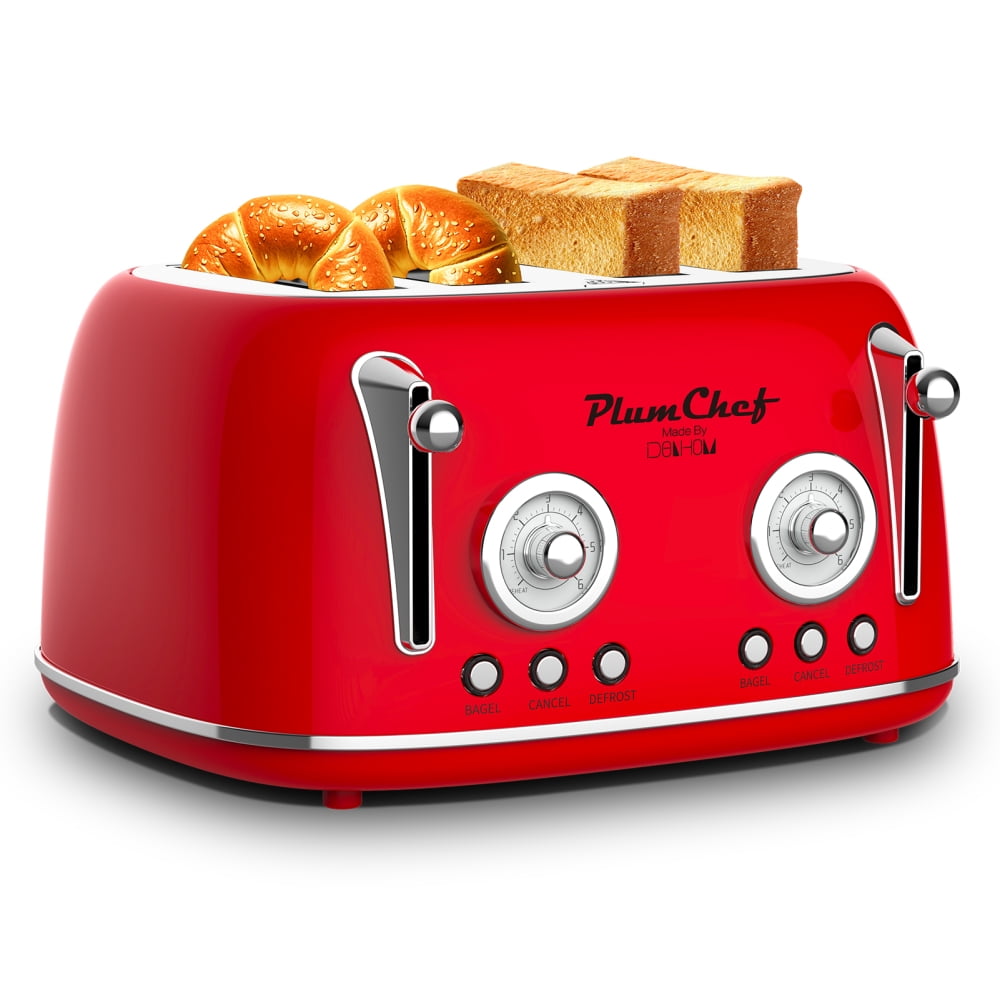 4-Slice Retro Toaster with Dual Control, Warming Rack, 6 Browning Settings &amp; Bagel Function, 1650W Red Stainless