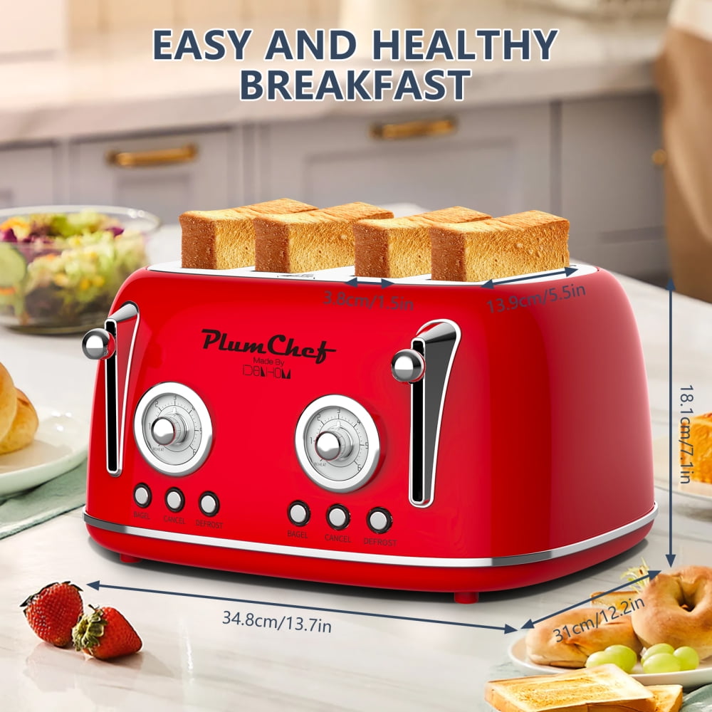 4-Slice Retro Toaster with Dual Control, Warming Rack, 6 Browning Settings &amp; Bagel Function, 1650W Red Stainless