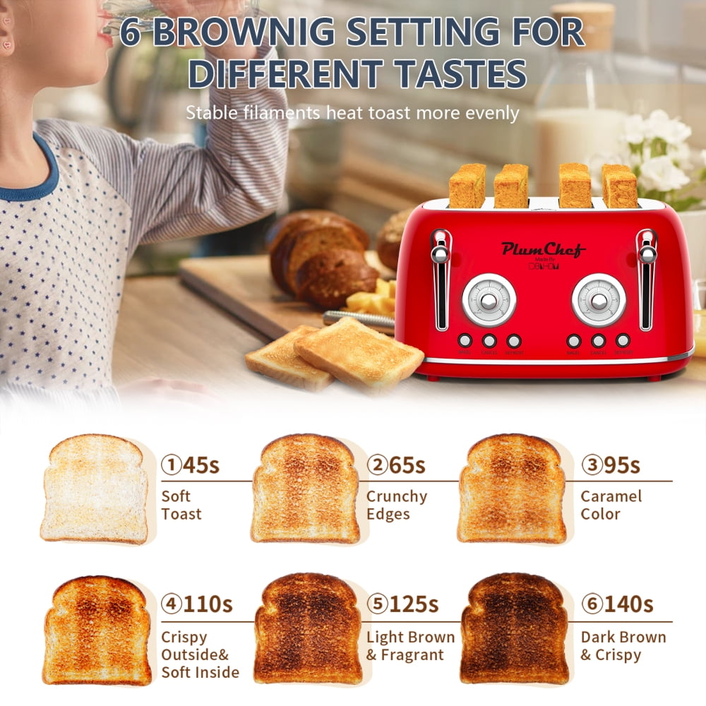 4-Slice Retro Toaster with Dual Control, Warming Rack, 6 Browning Settings &amp; Bagel Function, 1650W Red Stainless