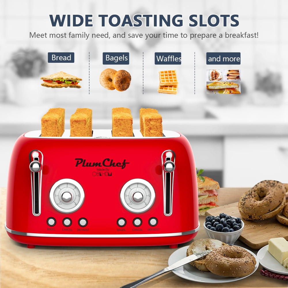 4-Slice Retro Toaster with Dual Control, Warming Rack, 6 Browning Settings &amp; Bagel Function, 1650W Red Stainless