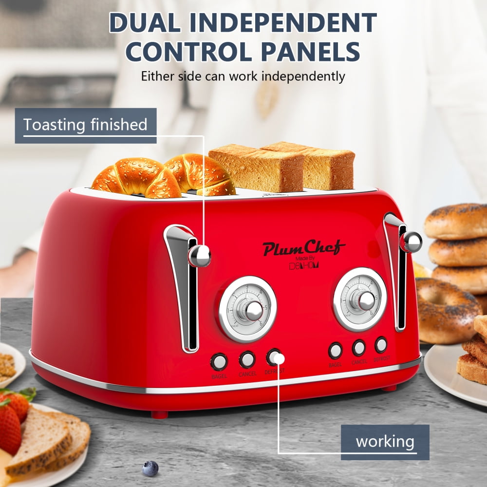 4-Slice Retro Toaster with Dual Control, Warming Rack, 6 Browning Settings &amp; Bagel Function, 1650W Red Stainless