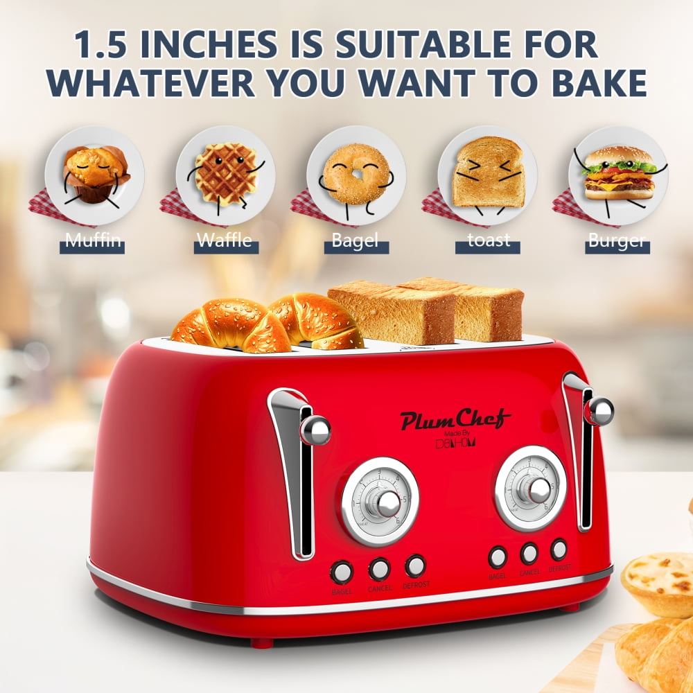4-Slice Retro Toaster with Dual Control, Warming Rack, 6 Browning Settings &amp; Bagel Function, 1650W Red Stainless