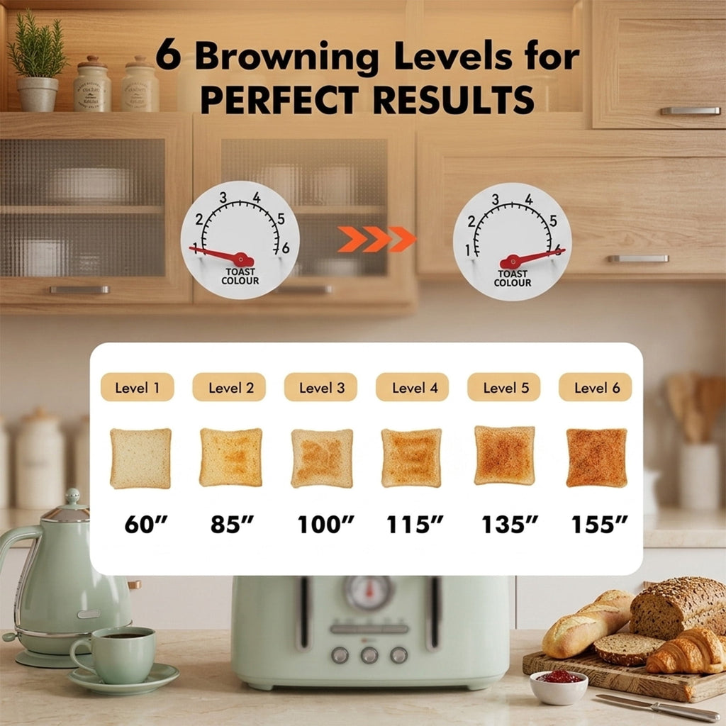 4-Slice Toaster, 1.6" Extra Wide Slots, 6 Browning Levels, Bagel/Defrost, Stainless Steel, Green