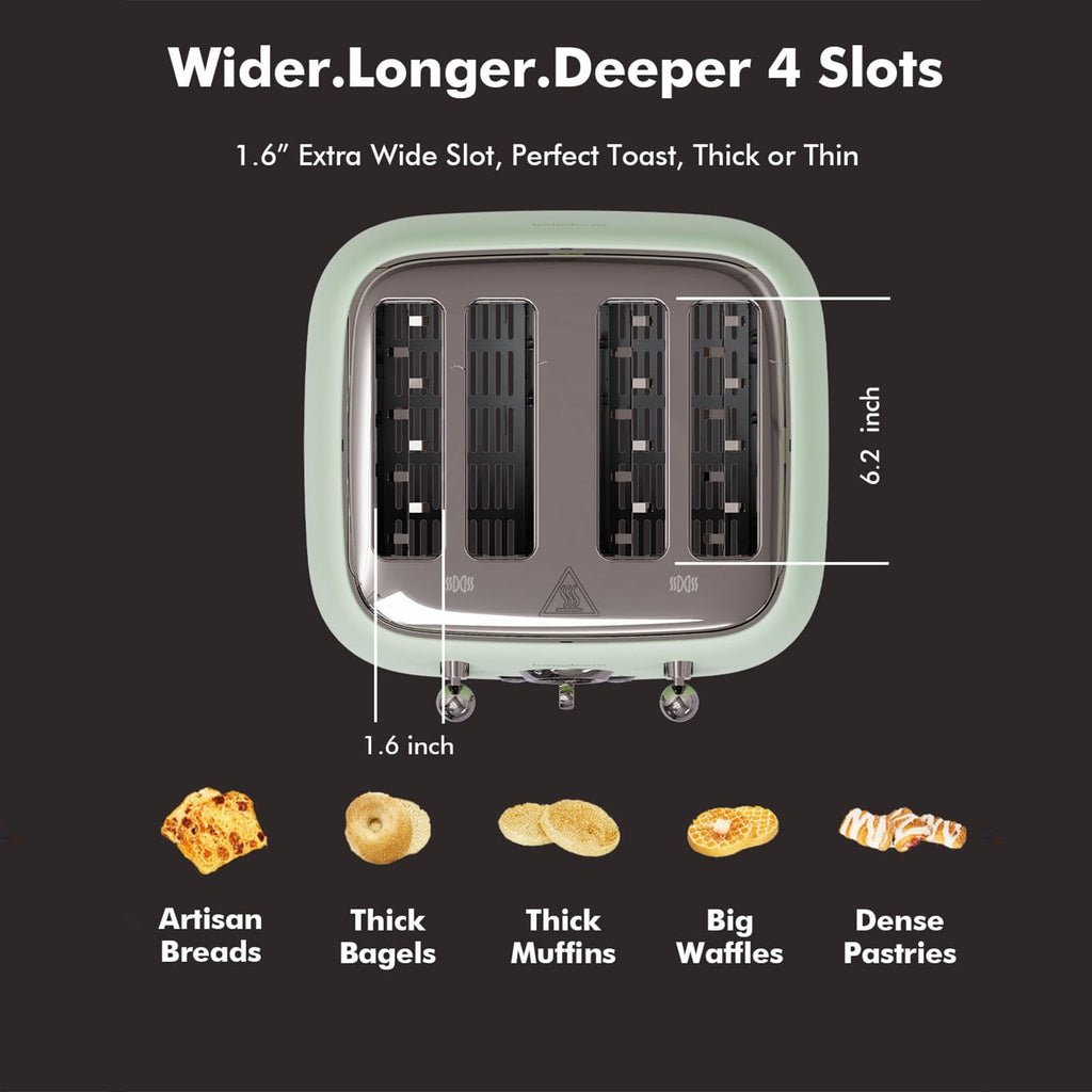 4-Slice Toaster, 1.6" Extra Wide Slots, 6 Browning Levels, Bagel/Defrost, Stainless Steel, Green