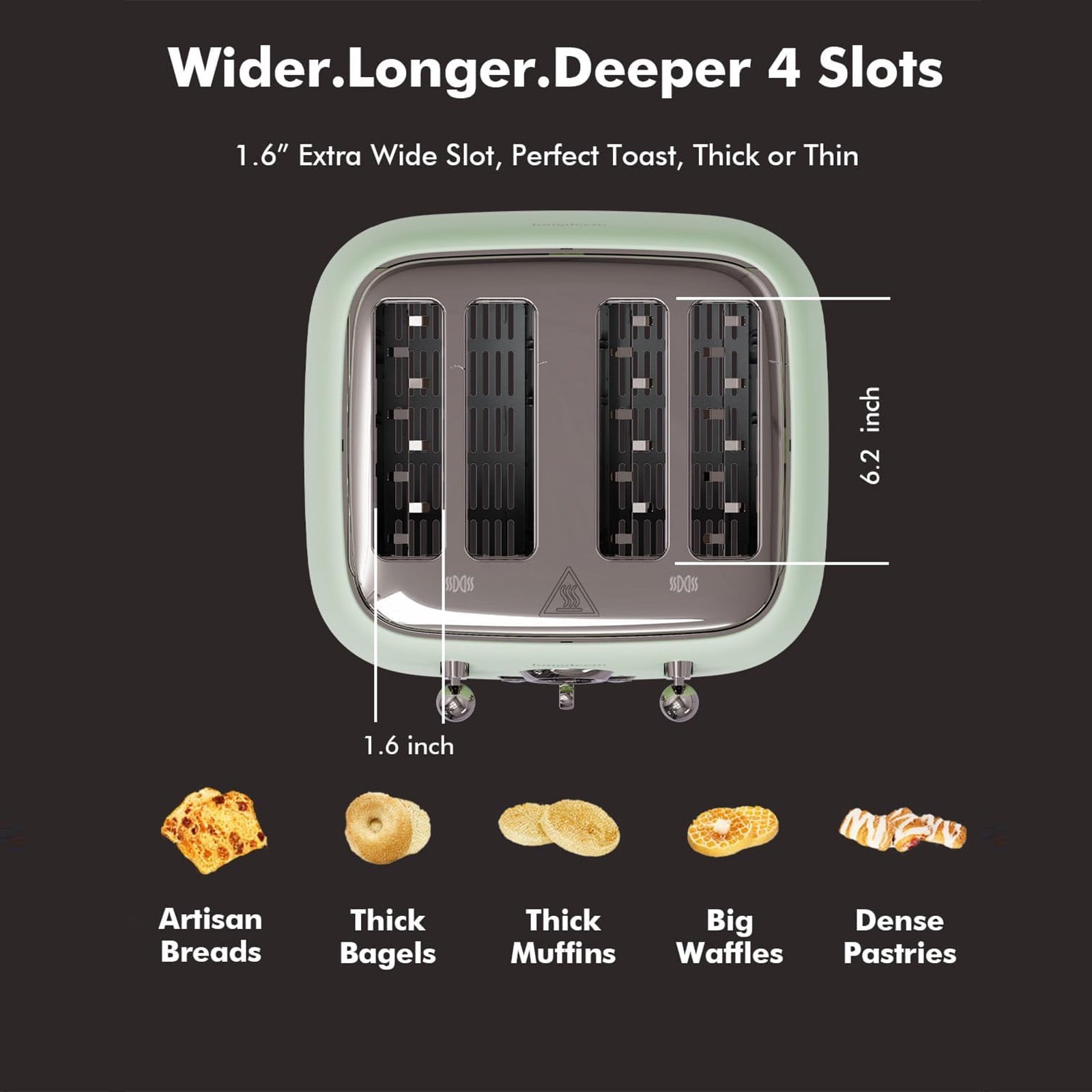 4-Slice Toaster, 1.6" Extra Wide Slots, 6 Browning Levels, Bagel/Defrost, Stainless Steel, Green