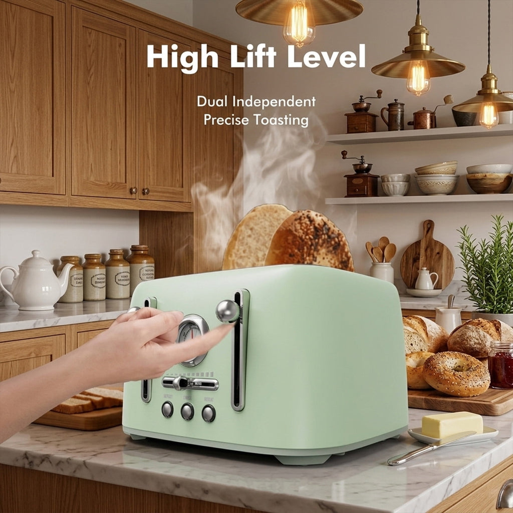 4-Slice Toaster, 1.6" Extra Wide Slots, 6 Browning Levels, Bagel/Defrost, Stainless Steel, Green