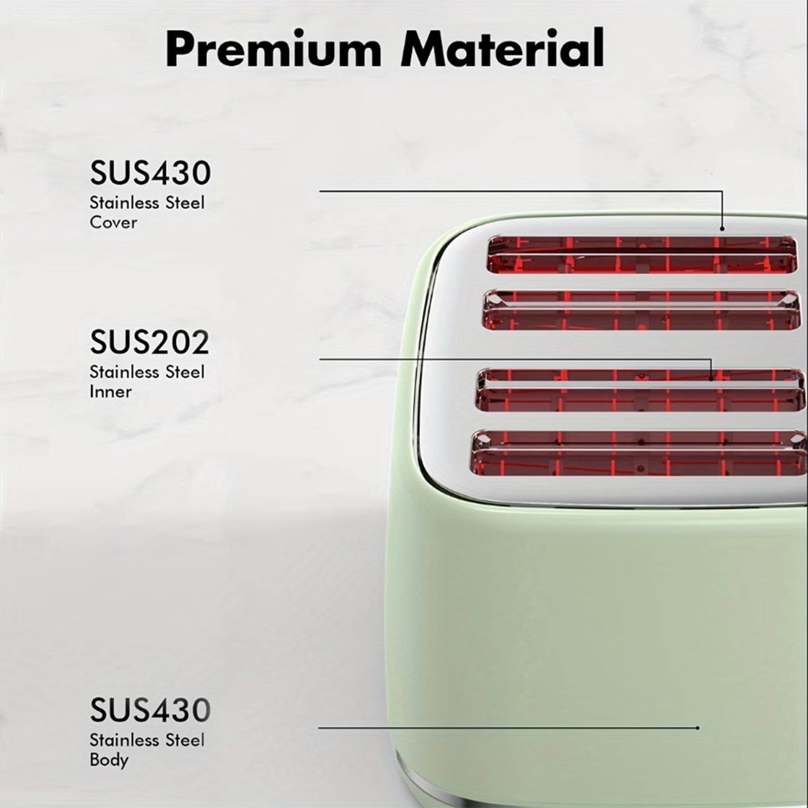 4-Slice Toaster, 1.6" Extra Wide Slots, 6 Browning Levels, Bagel/Defrost, Stainless Steel, Green
