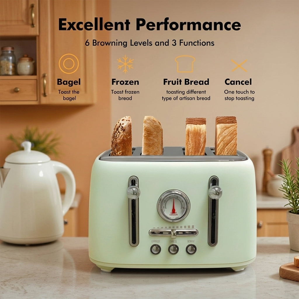4-Slice Toaster, 1.6" Extra Wide Slots, 6 Browning Levels, Bagel/Defrost, Stainless Steel, Green