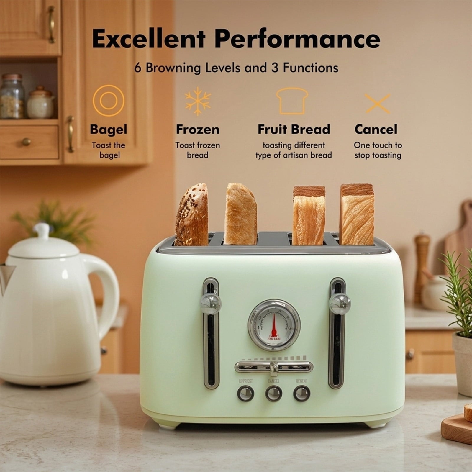 4-Slice Toaster, 1.6" Extra Wide Slots, 6 Browning Levels, Bagel/Defrost, Stainless Steel, Green