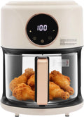 1200W Glass Air Fryer, 3.81QT Cylinder Air Fryer Adjustable Temp 175F - 400F 60 Min Timer 360°Viewable Glass Basket Digital Display and 8 Presets Oil-Free Cooker for Family/Outdoor Use (White)