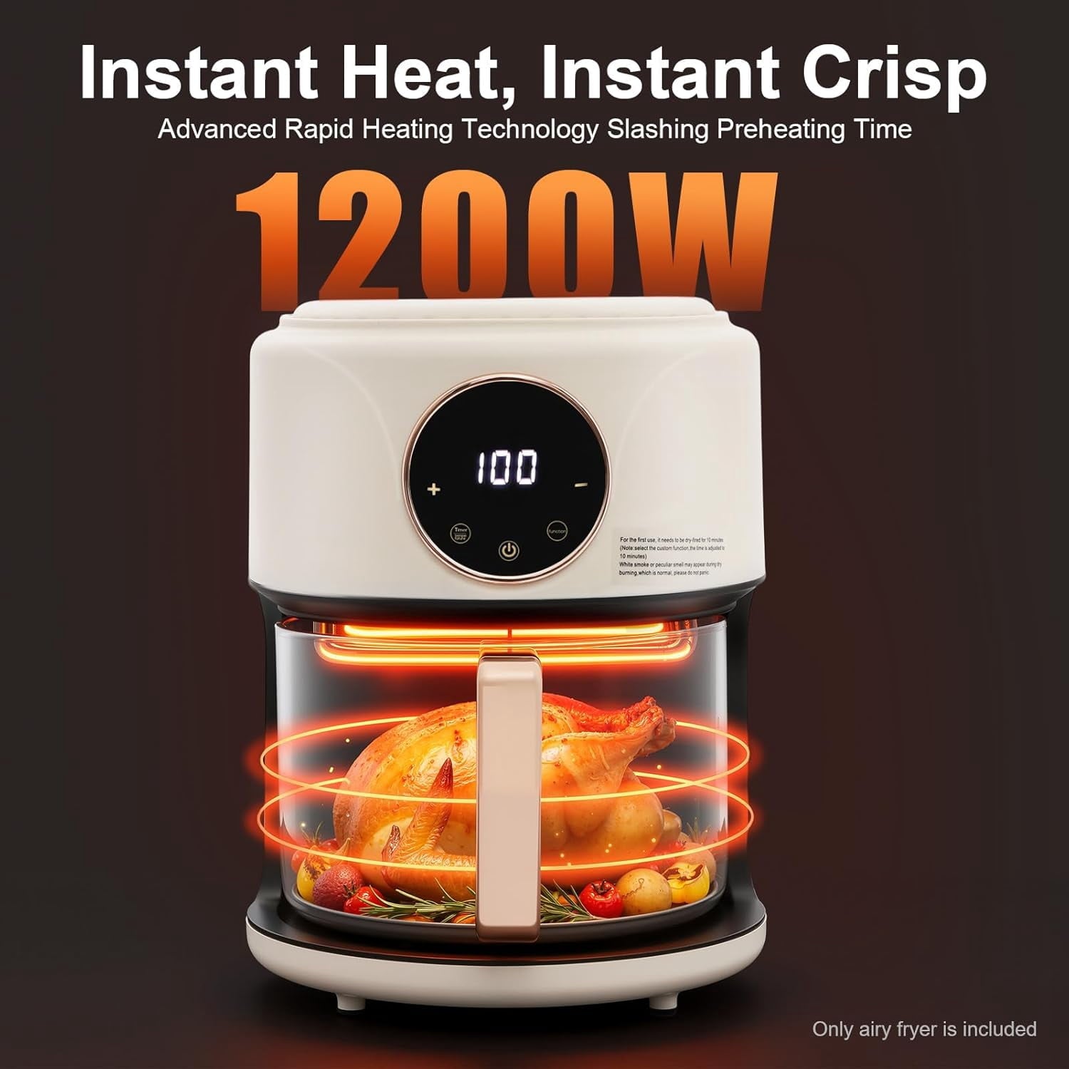 1200W Glass Air Fryer, 3.81QT Cylinder Air Fryer Adjustable Temp 175F - 400F 60 Min Timer 360°Viewable Glass Basket Digital Display and 8 Presets Oil-Free Cooker for Family/Outdoor Use (White)