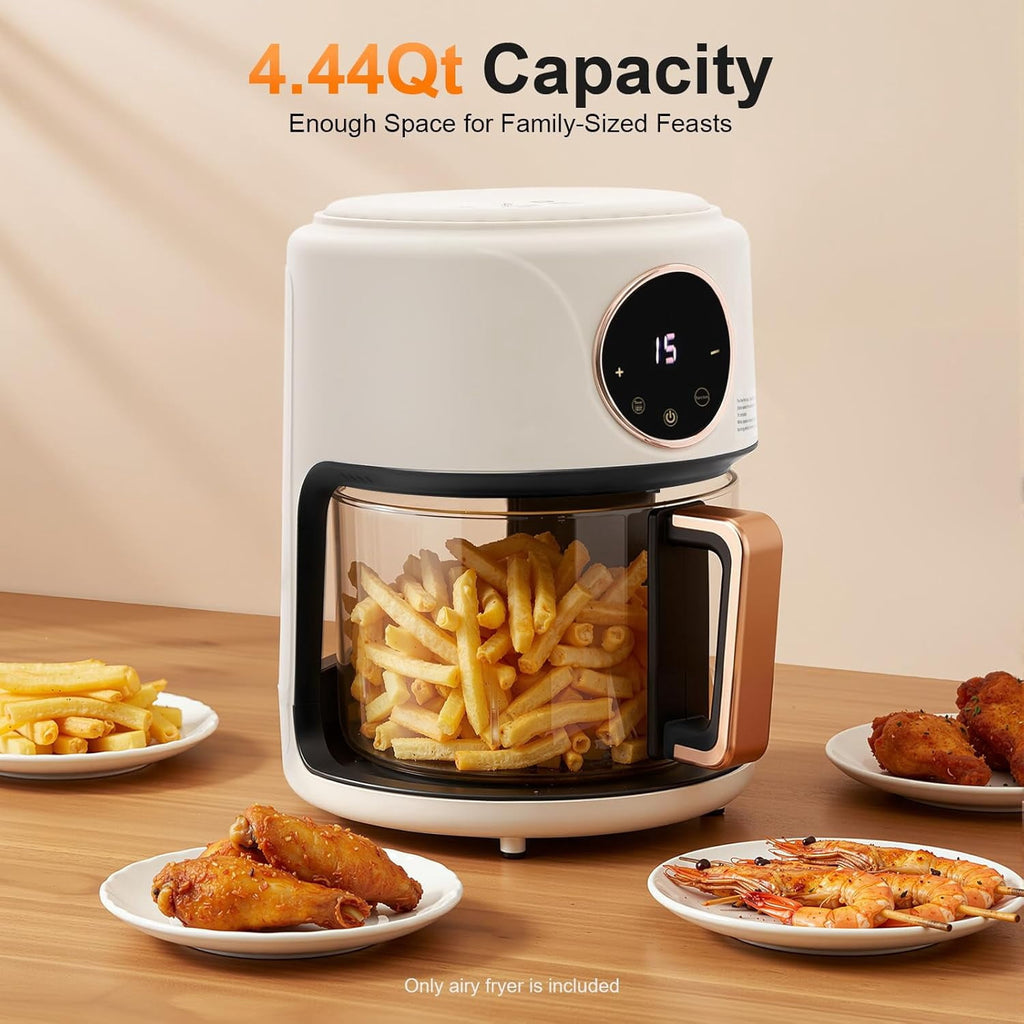 1200W Glass Air Fryer, 3.81QT Cylinder Air Fryer Adjustable Temp 175F - 400F 60 Min Timer 360°Viewable Glass Basket Digital Display and 8 Presets Oil-Free Cooker for Family/Outdoor Use (White)
