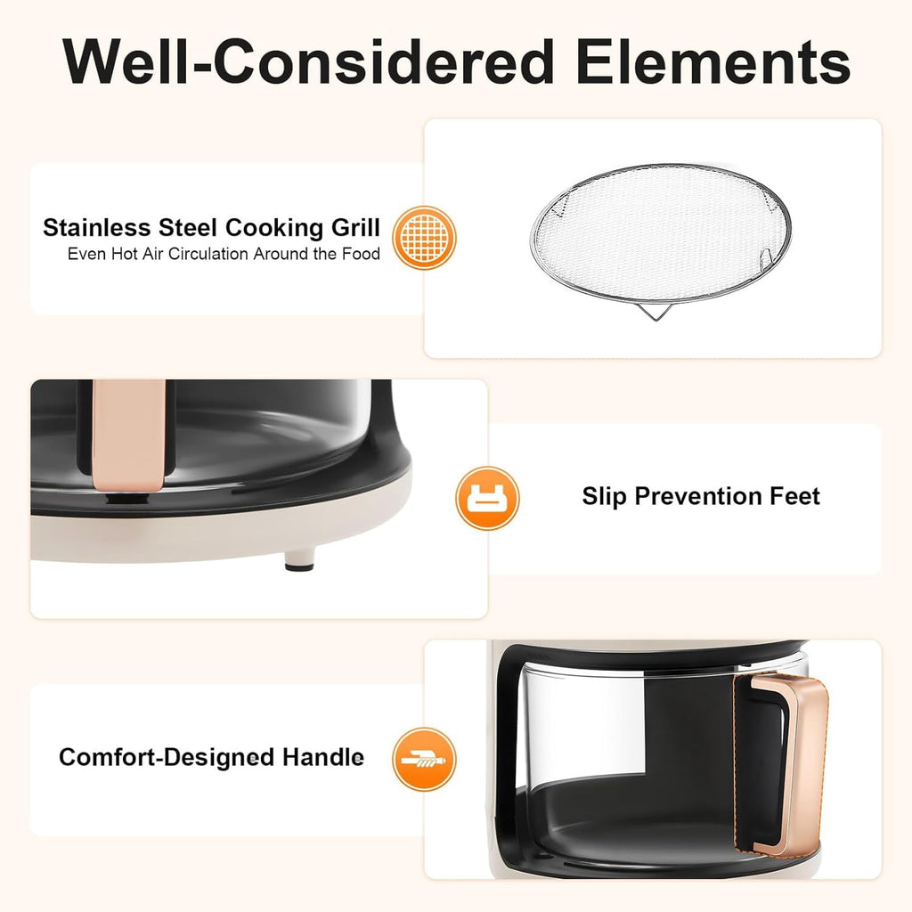 1200W Glass Air Fryer, 3.81QT Cylinder Air Fryer Adjustable Temp 175F - 400F 60 Min Timer 360°Viewable Glass Basket Digital Display and 8 Presets Oil-Free Cooker for Family/Outdoor Use (White)