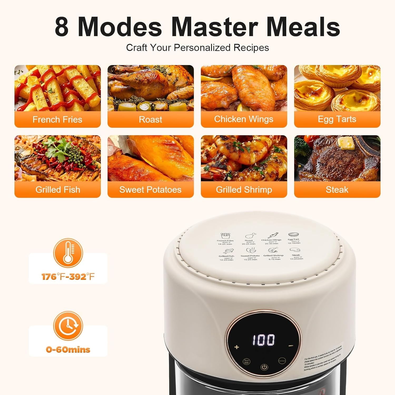 1200W Glass Air Fryer, 3.81QT Cylinder Air Fryer Adjustable Temp 175F - 400F 60 Min Timer 360°Viewable Glass Basket Digital Display and 8 Presets Oil-Free Cooker for Family/Outdoor Use (White)