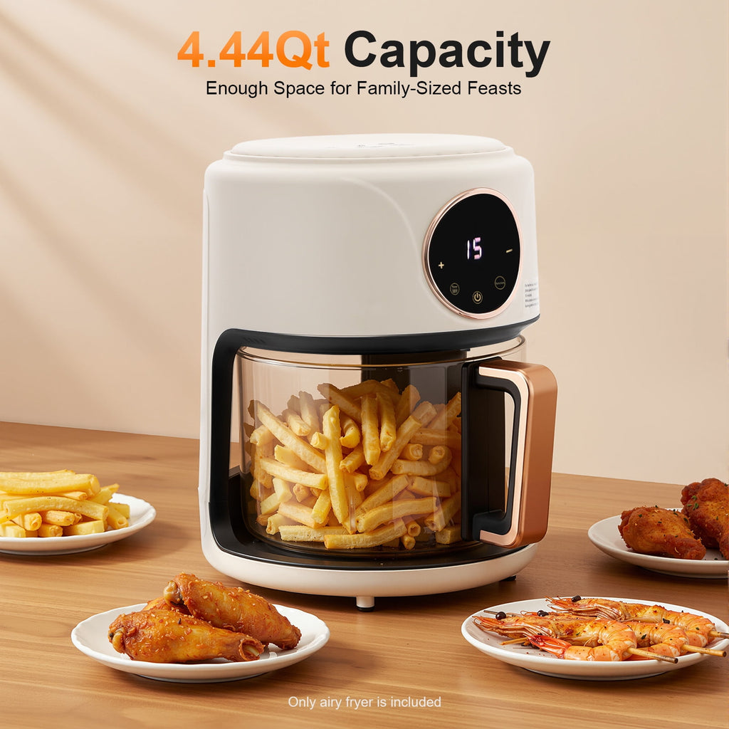 Air Fryer 4.4Qt 8-in-1 Digital Touchscreen, 1200W Compact Oilless Cooker with Borosilicate Glass Pot, 360° Visible Window, Dishwasher Safe, 80-200°C Adjustable Temp &amp; Presets