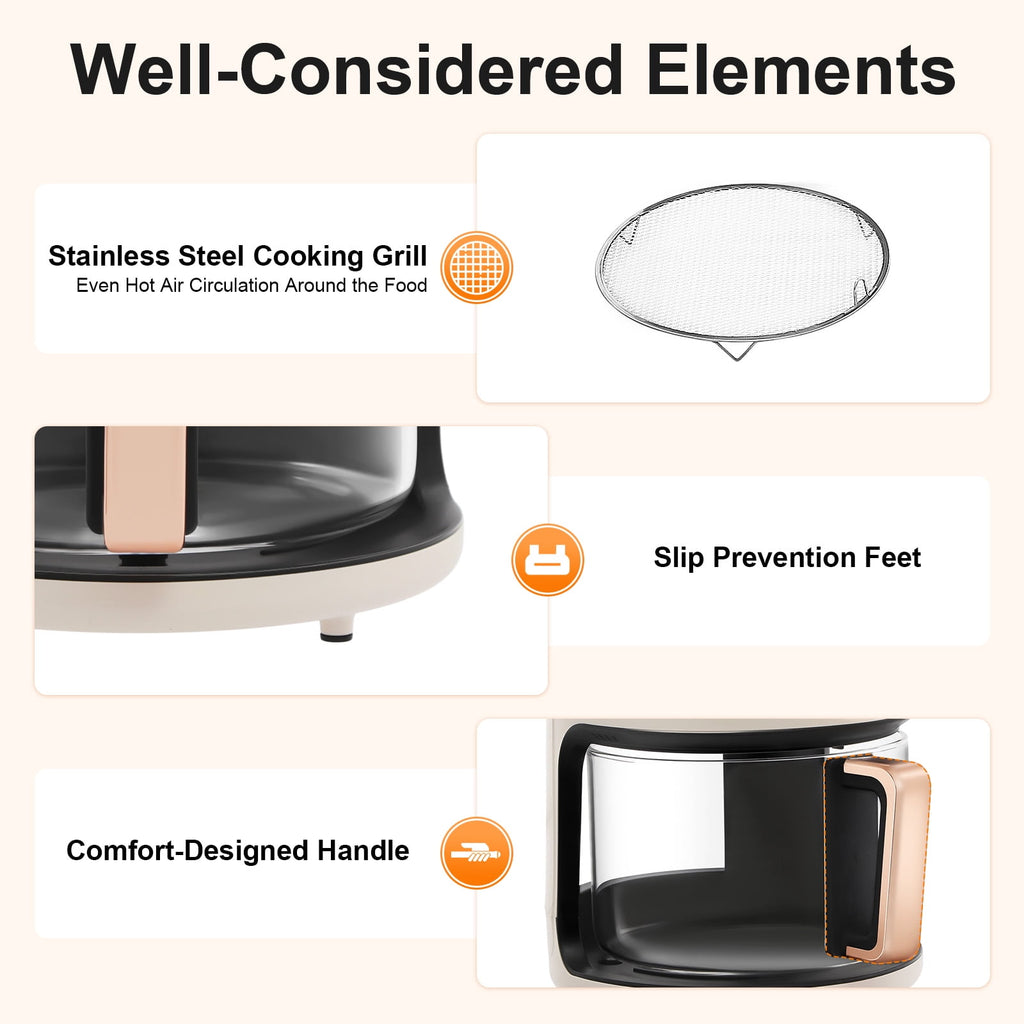 Air Fryer 4.4Qt 8-in-1 Digital Touchscreen, 1200W Compact Oilless Cooker with Borosilicate Glass Pot, 360° Visible Window, Dishwasher Safe, 80-200°C Adjustable Temp &amp; Presets