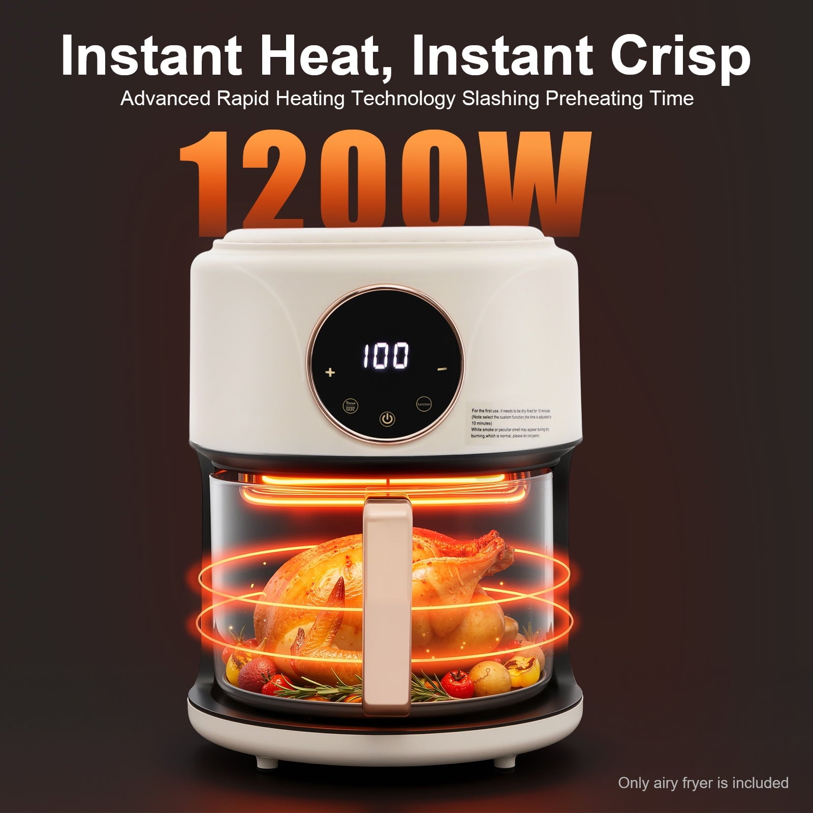 Air Fryer 4.4Qt 8-in-1 Digital Touchscreen, 1200W Compact Oilless Cooker with Borosilicate Glass Pot, 360° Visible Window, Dishwasher Safe, 80-200°C Adjustable Temp &amp; Presets