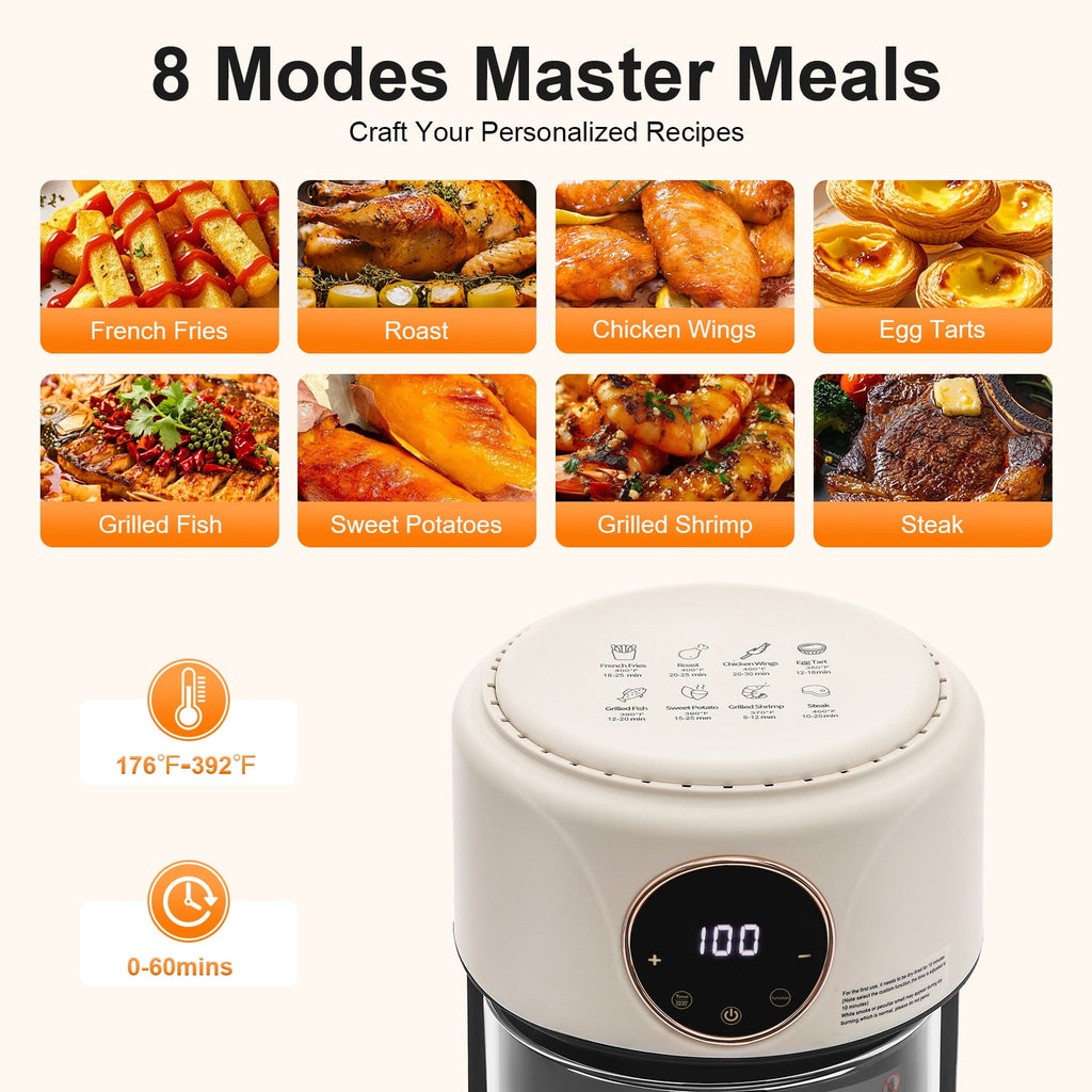 Air Fryer 4.4Qt 8-in-1 Digital Touchscreen, 1200W Compact Oilless Cooker with Borosilicate Glass Pot, 360° Visible Window, Dishwasher Safe, 80-200°C Adjustable Temp &amp; Presets