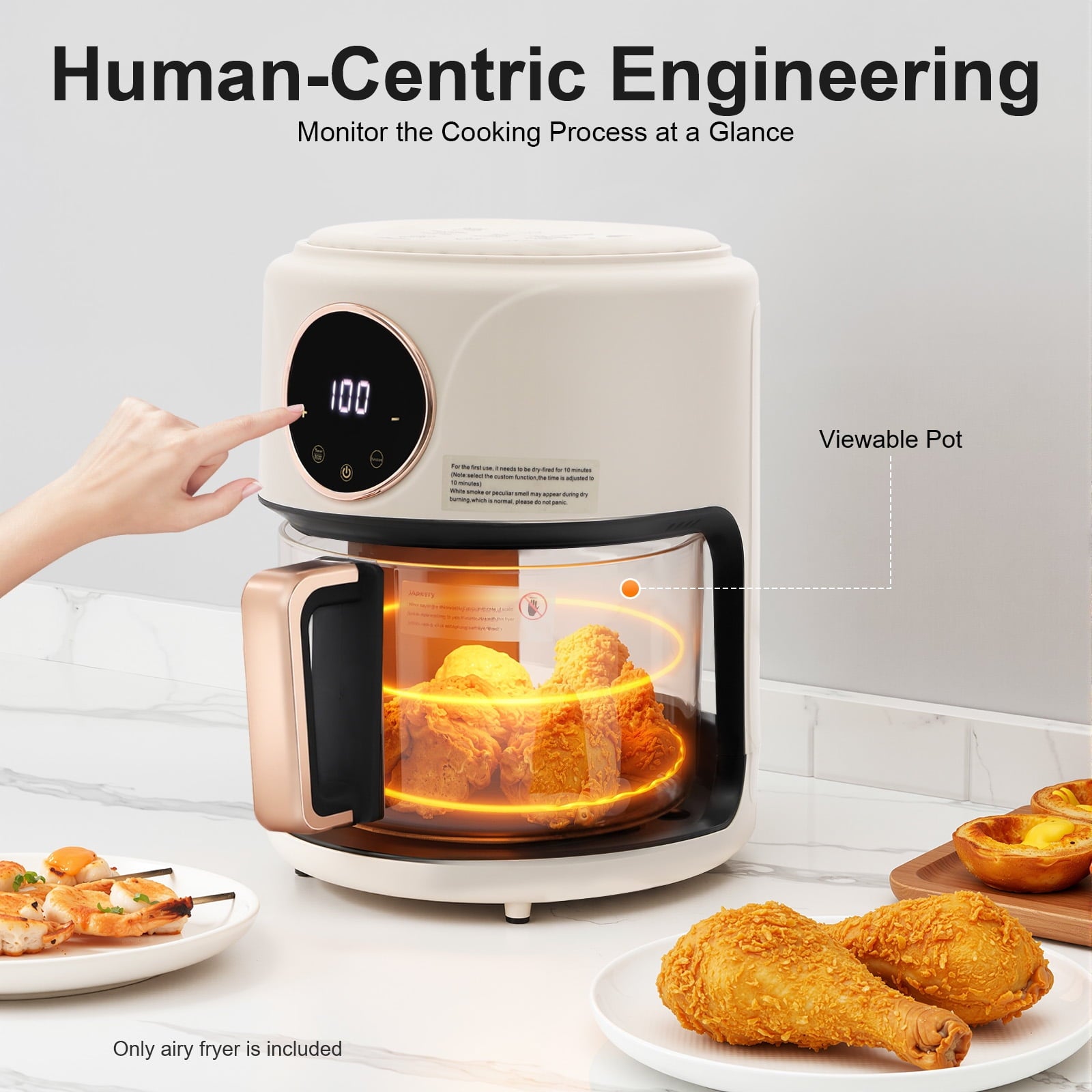 Air Fryer 4.4Qt 8-in-1 Digital Touchscreen, 1200W Compact Oilless Cooker with Borosilicate Glass Pot, 360° Visible Window, Dishwasher Safe, 80-200°C Adjustable Temp &amp; Presets