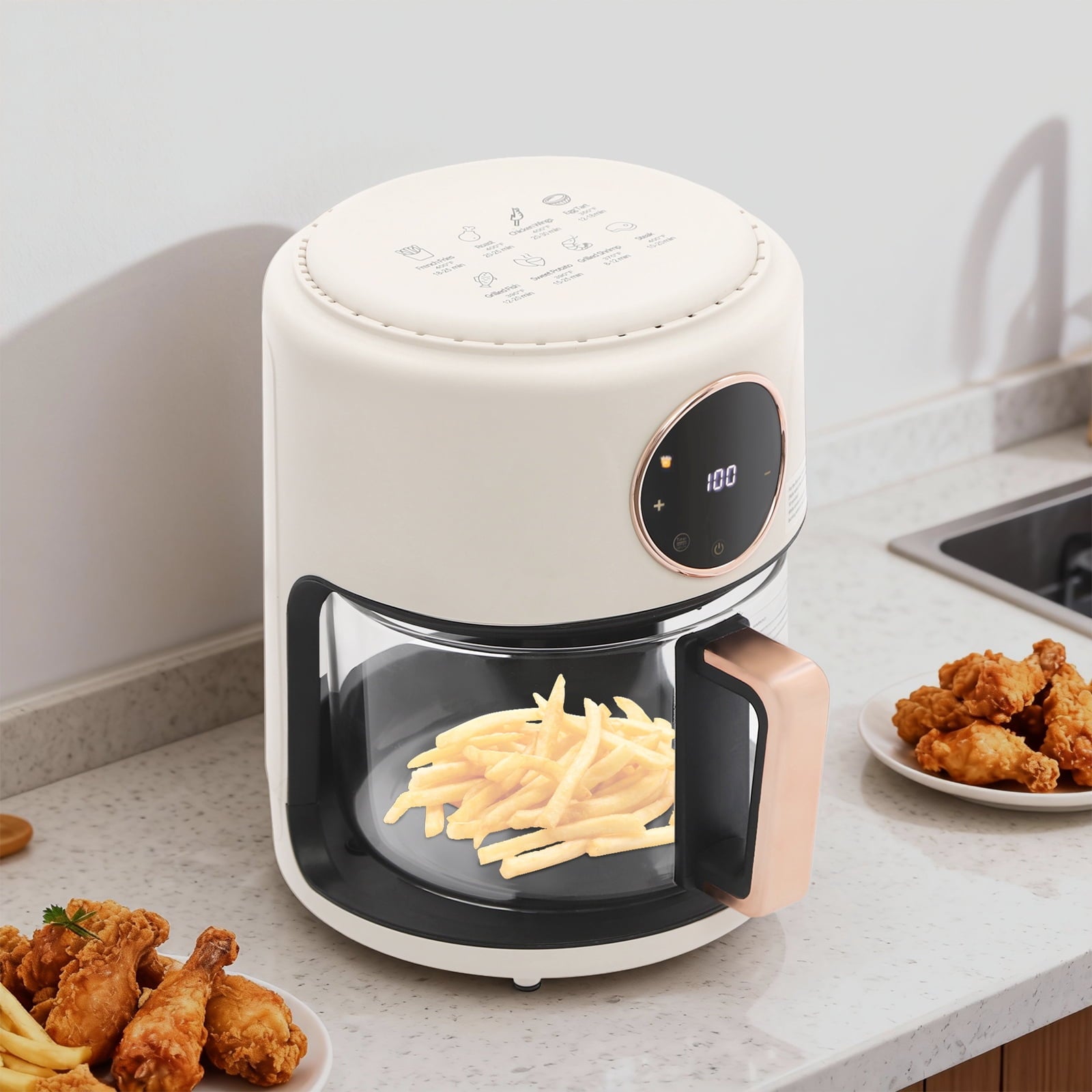 Air Fryer 4.4Qt 8-in-1 Digital Touchscreen, 1200W Compact Oilless Cooker with Borosilicate Glass Pot, 360° Visible Window, Dishwasher Safe, 80-200°C Adjustable Temp &amp; Presets