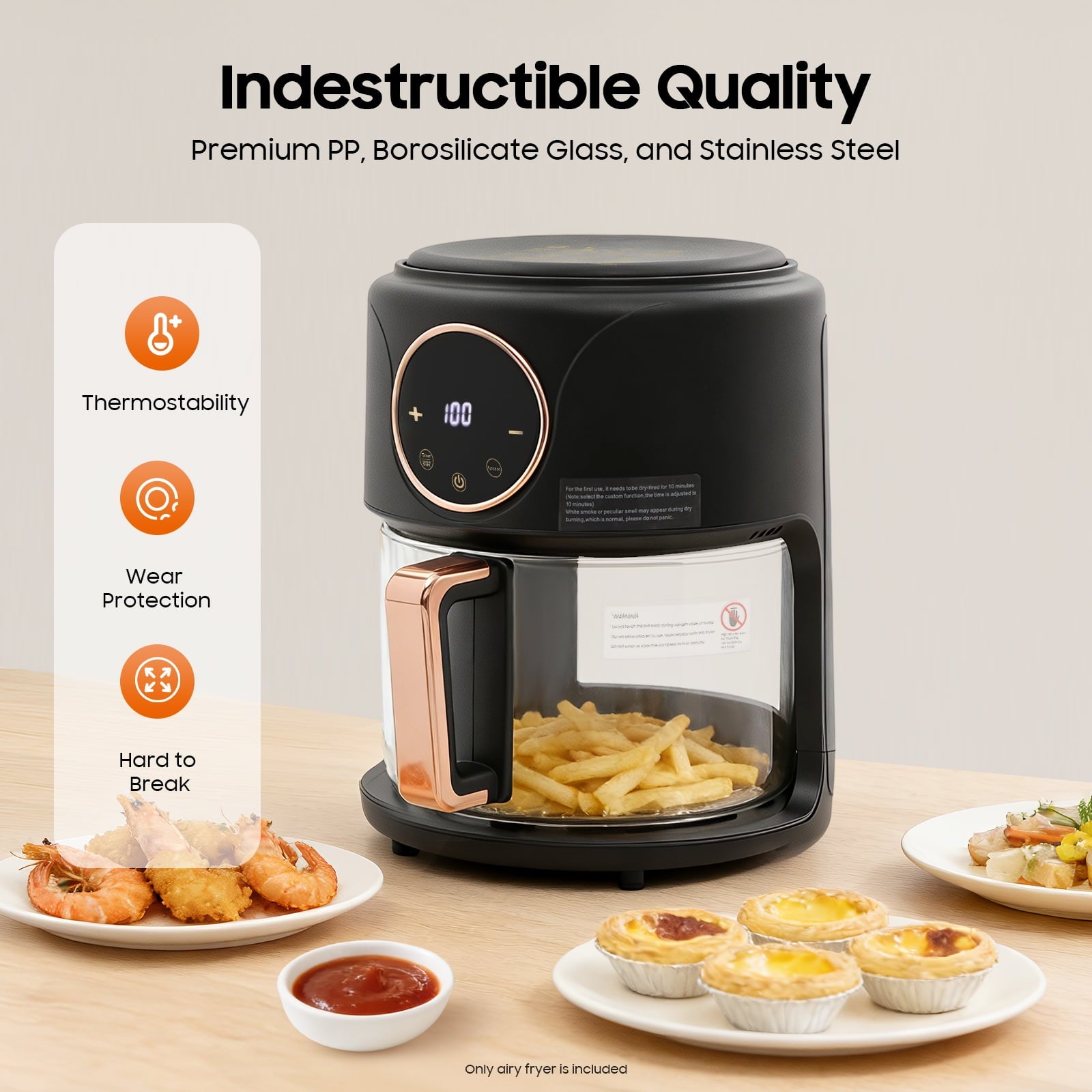4.2L Airy Fryer Glass Air Fryer 110V Modern 360° Viewable Airy Fryer 1200W Black for Home Kitchens, Restaurants, Family Gatherings
