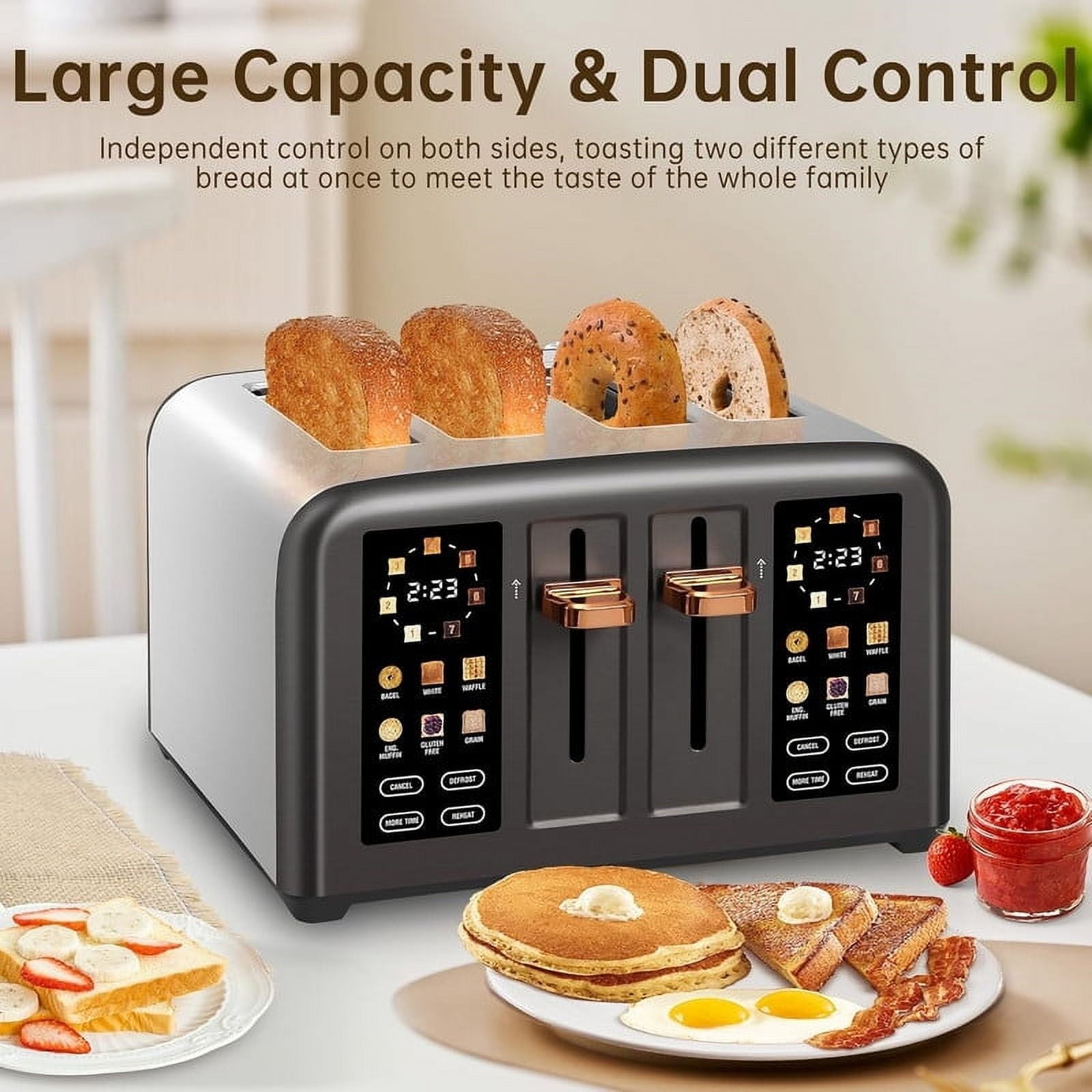 4 Slice Toaster Touch Screen Long Slot, Touch Screen for Dual Control, 7 Shade Settings,1.5'' Extra Wide Long Slots,1800W,Grey