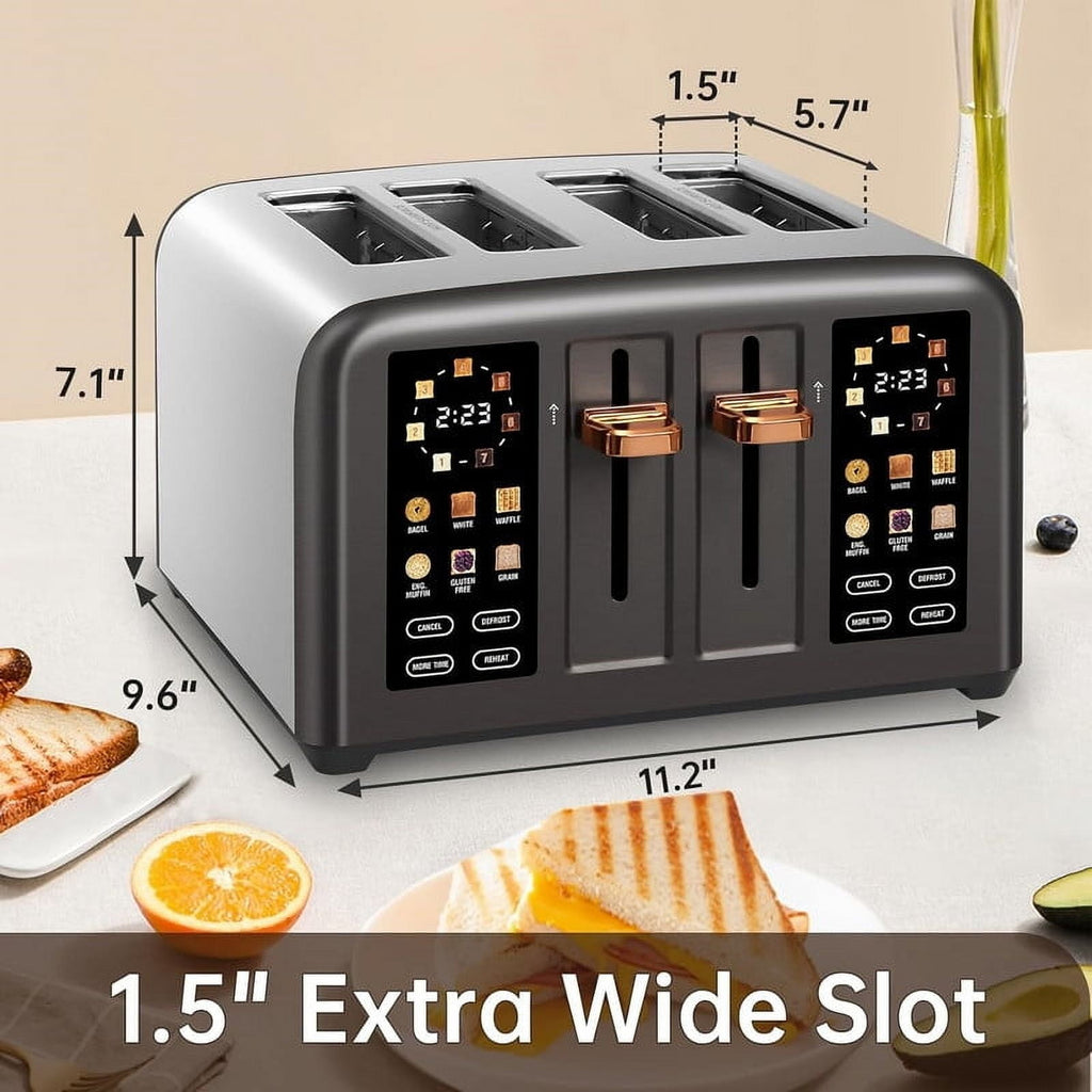 4 Slice Toaster Touch Screen Long Slot, Touch Screen for Dual Control, 7 Shade Settings,1.5'' Extra Wide Long Slots,1800W,Grey