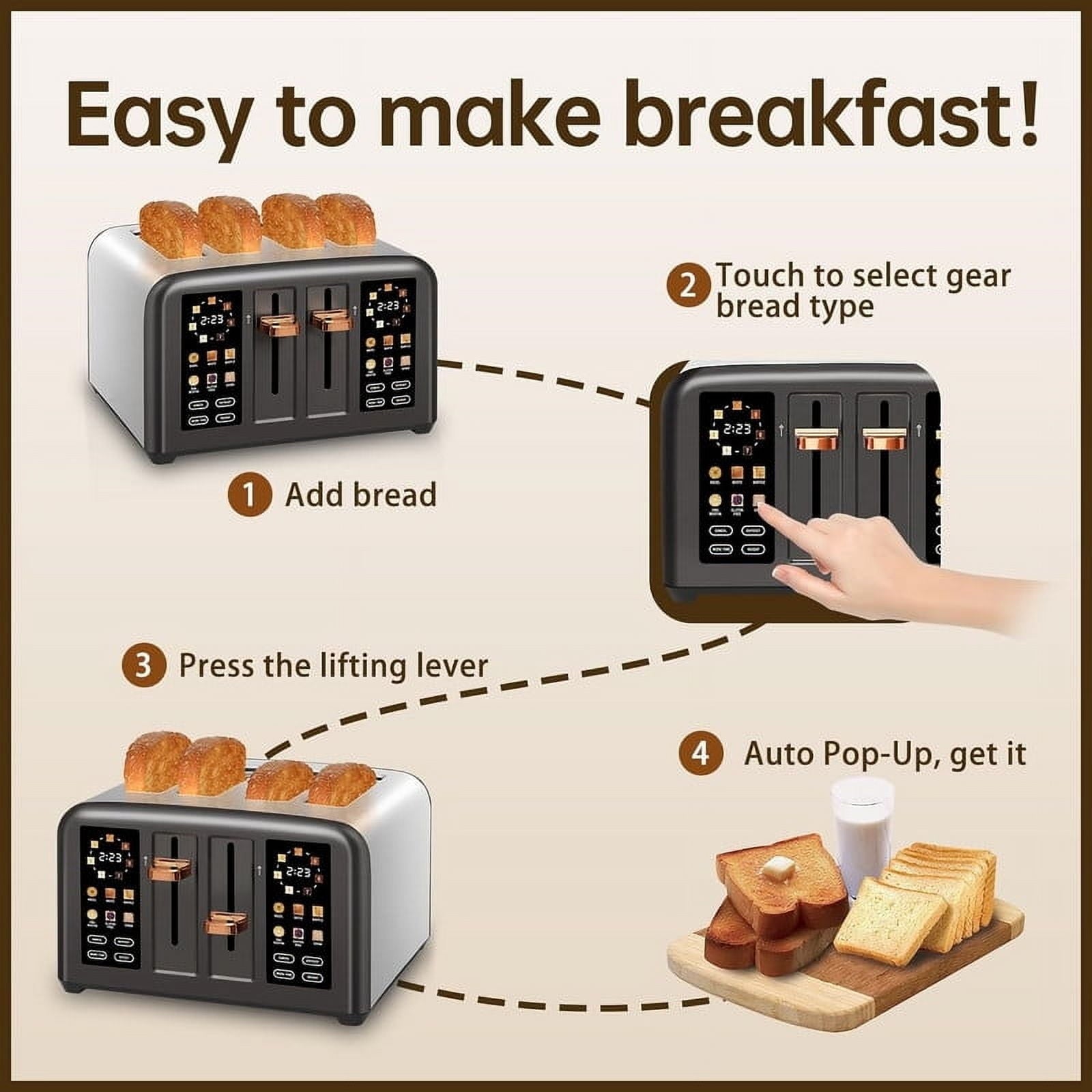 4 Slice Toaster Touch Screen Long Slot, Touch Screen for Dual Control, 7 Shade Settings,1.5'' Extra Wide Long Slots,1800W,Grey