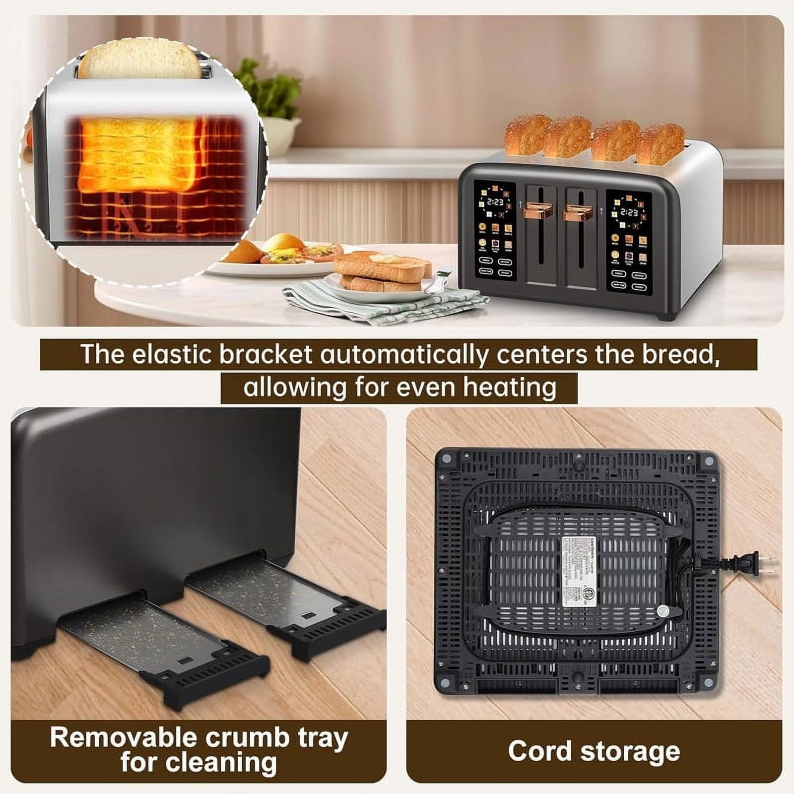 4 Slice Toaster Touch Screen Long Slot, Touch Screen for Dual Control, 7 Shade Settings,1.5'' Extra Wide Long Slots,1800W,Grey