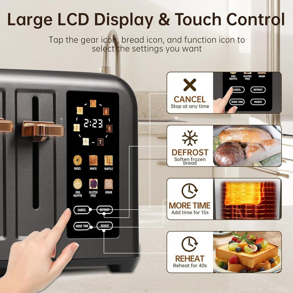 4 Slice Toaster Touch Screen Long Slot, Touch Screen for Dual Control, 7 Shade Settings,1.5'' Extra Wide Long Slots,1800W,Grey